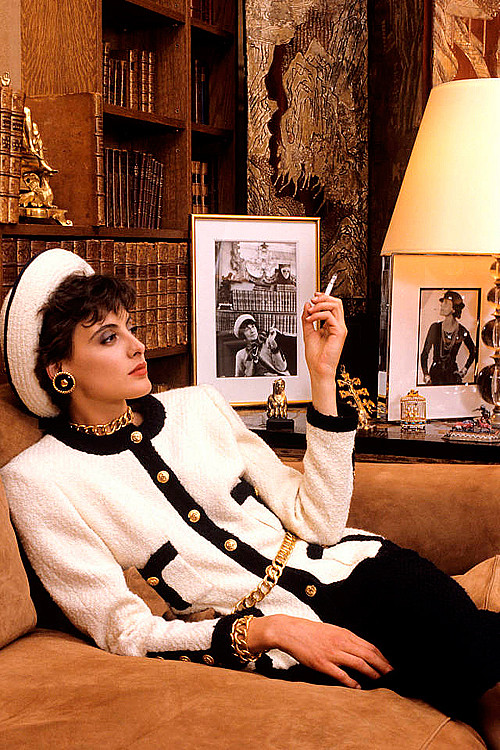Inès de LaFressange wearing Chanel jacket, 1984