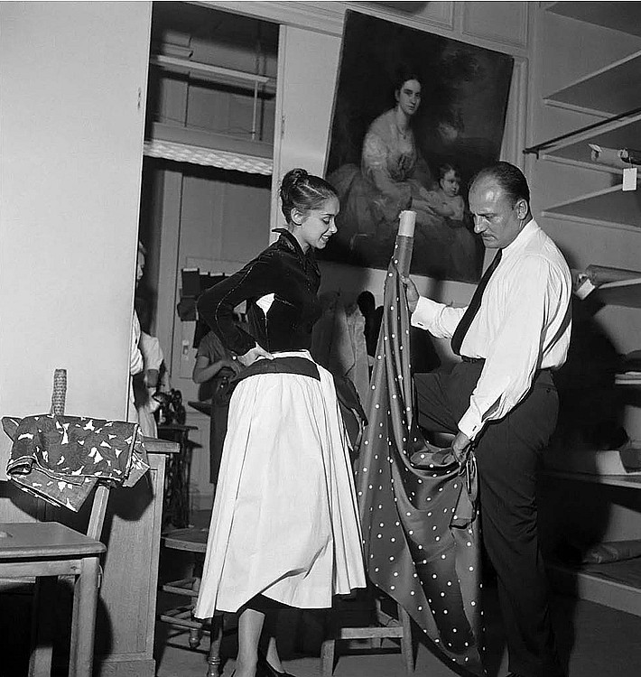 Pierre Balmain at a fitting, 1952.