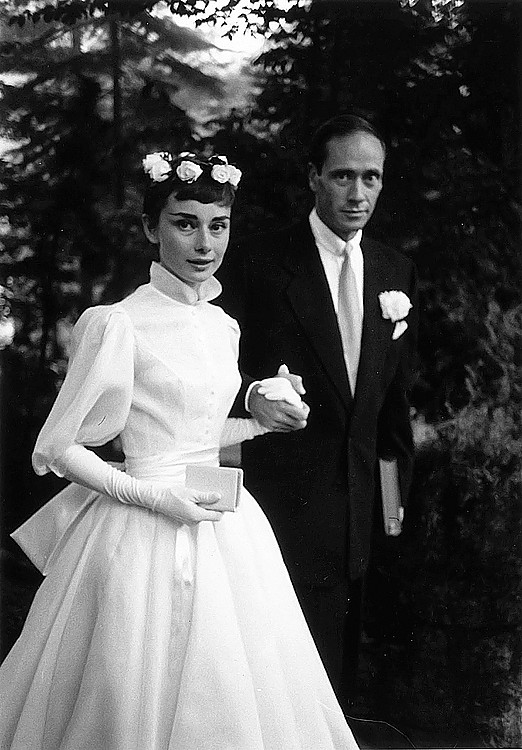 Audrey Hepburn wearing a Balmain gown on her wedding day with Mel Ferrer, 1954.