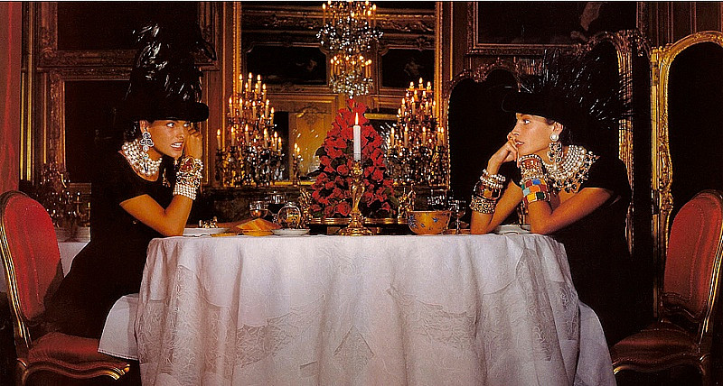 Linda Evangelista and Christy Turlington wearing Chanel dresses and jewelry, 1990s