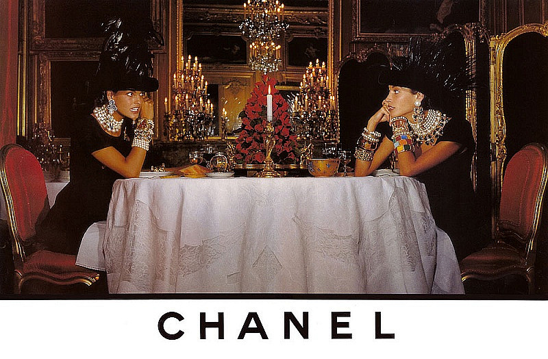 Linda and Christy in Chanel jewelry ad, 1991.