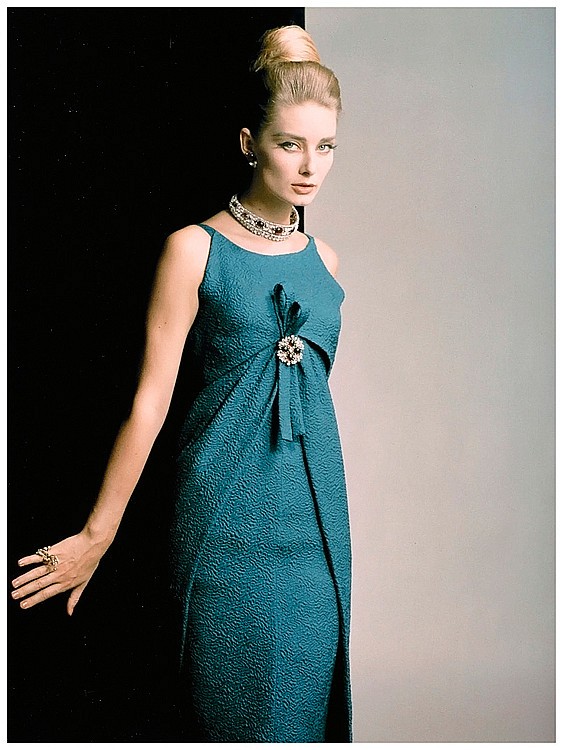 Tanya Male wearing Christian Dior dress and necklace, Vogue UK, September 1962