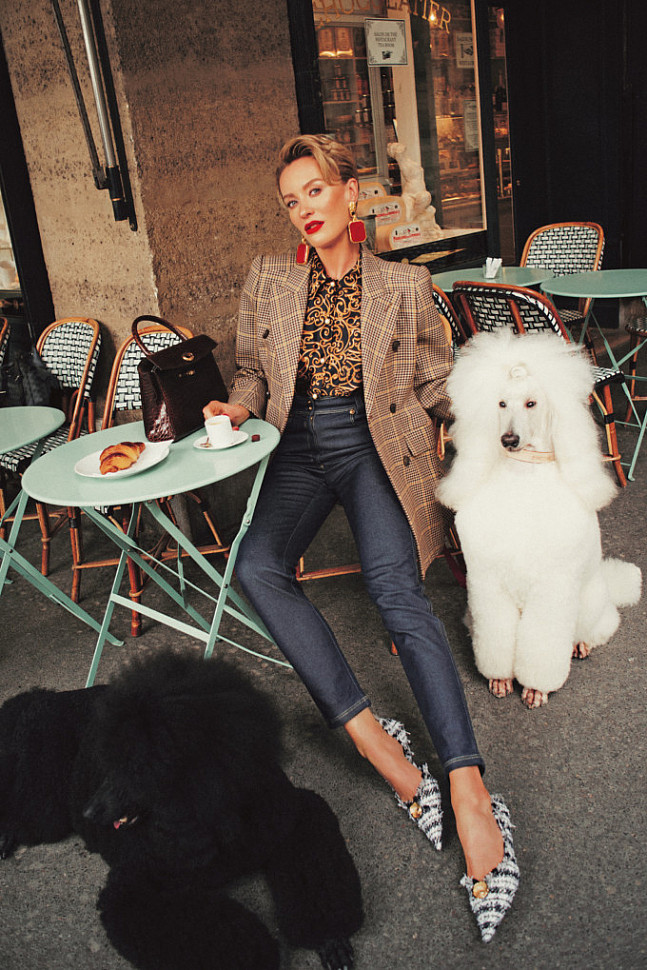 Natalia wearing Christian Dior silk blouse with print.