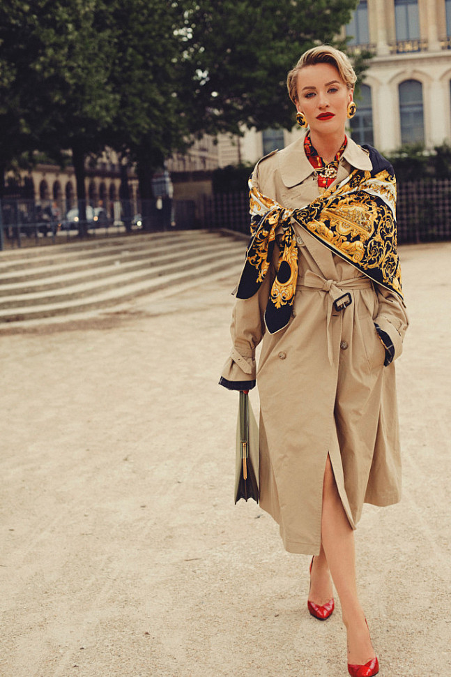 Natalia wearing Givenchy silk blouse and Chanel logo charm necklace.