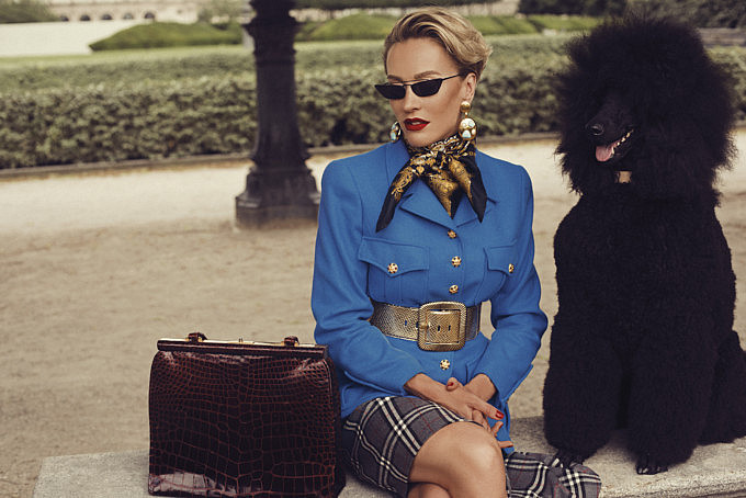 Natalia wearing Chanel blue jacket with gripoix buttons and Givenchy woolen skirt.