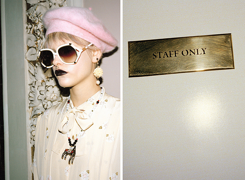 Chanel silk dress, Hobe necklace with a horse pendant, Castlecliff clip-on earrings, and white Ted Lapidus sunglasses