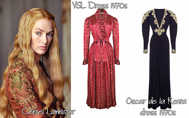 Brocade Yves Saint Laurent set and velvet Oscar de la Renta dress