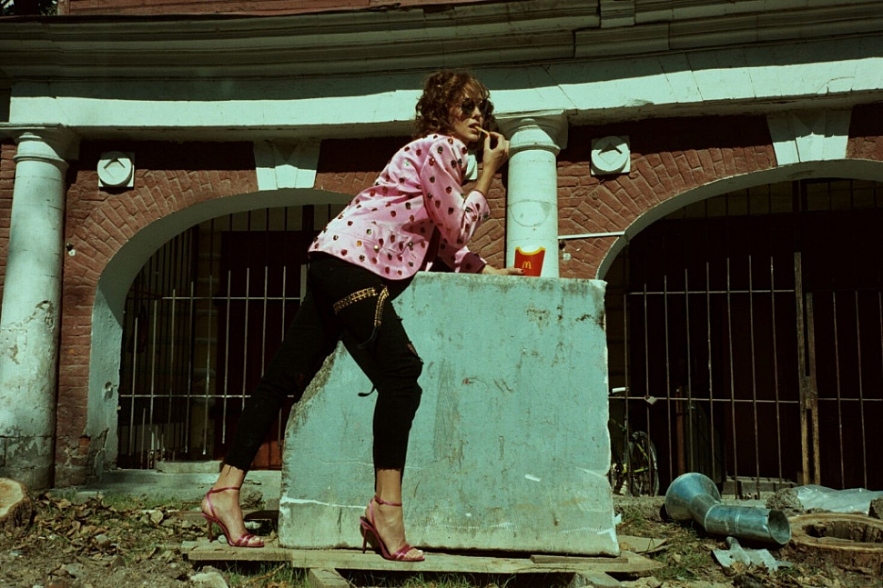 Alina wearing Yves Saint Laurent jacket covered with multi-coloured crystals and Chanel black leather and metal belt.