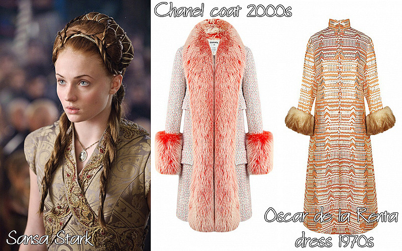 Chanel tweed coat and Oscar de la Renta brocade dress