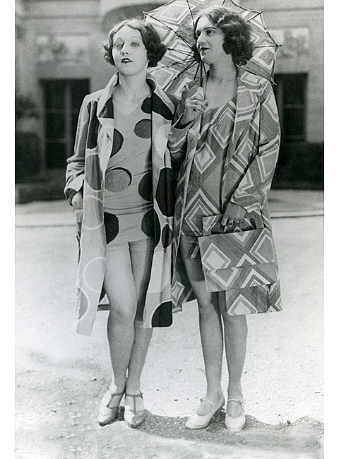 Models showing bathing suits with a Sonia Delaunay print