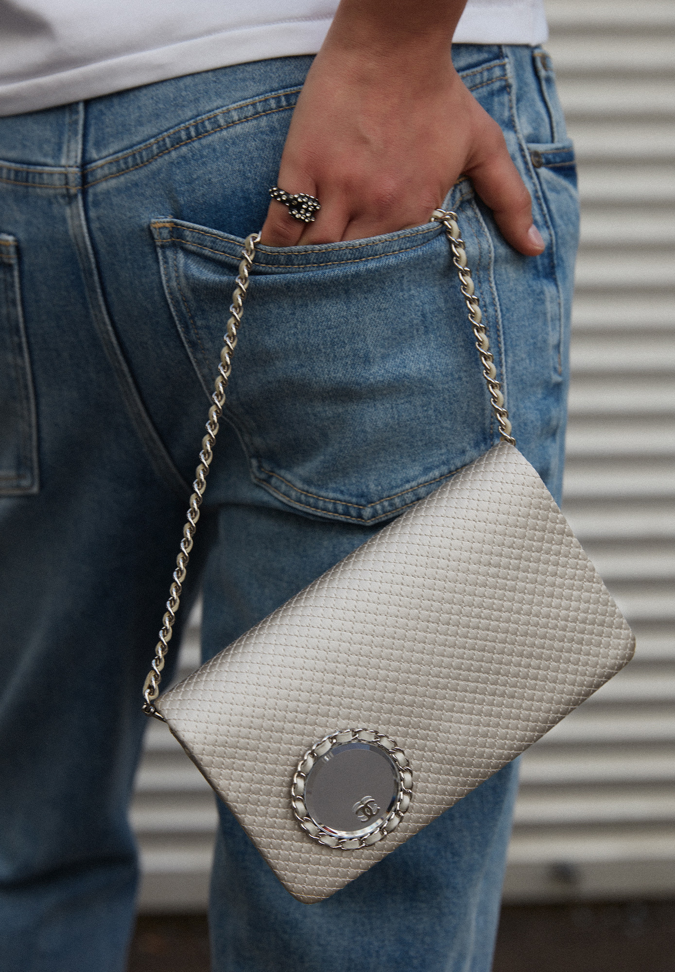 Chanel Silver Satin Vanity Mirror Flap Clutch Bag