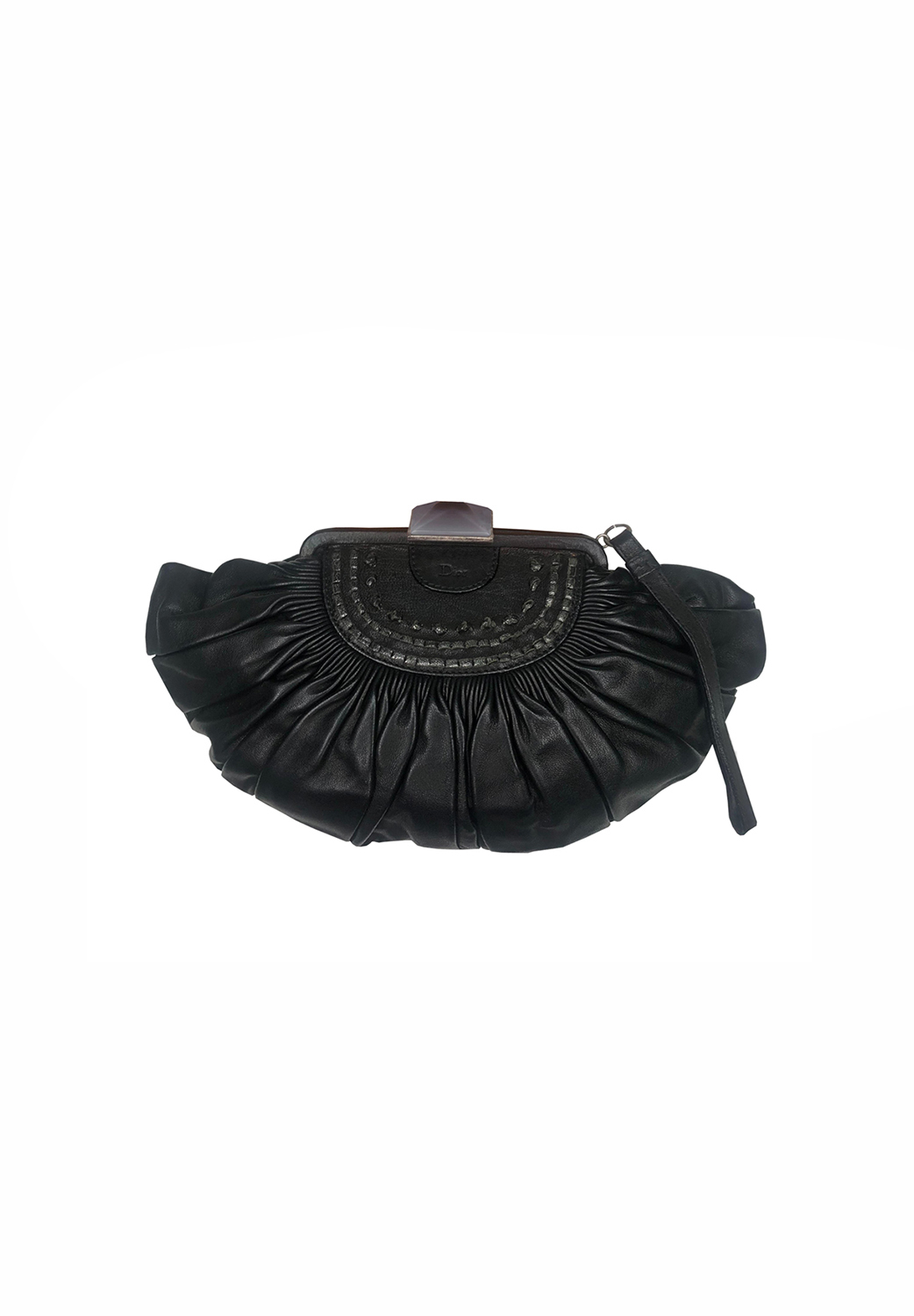 Christian Dior Black Pleated Leather Frame Clutch