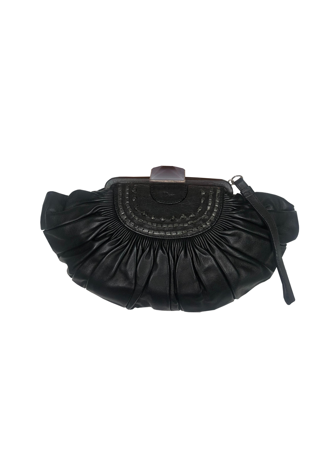 Christian Dior Black Pleated Leather Frame Clutch