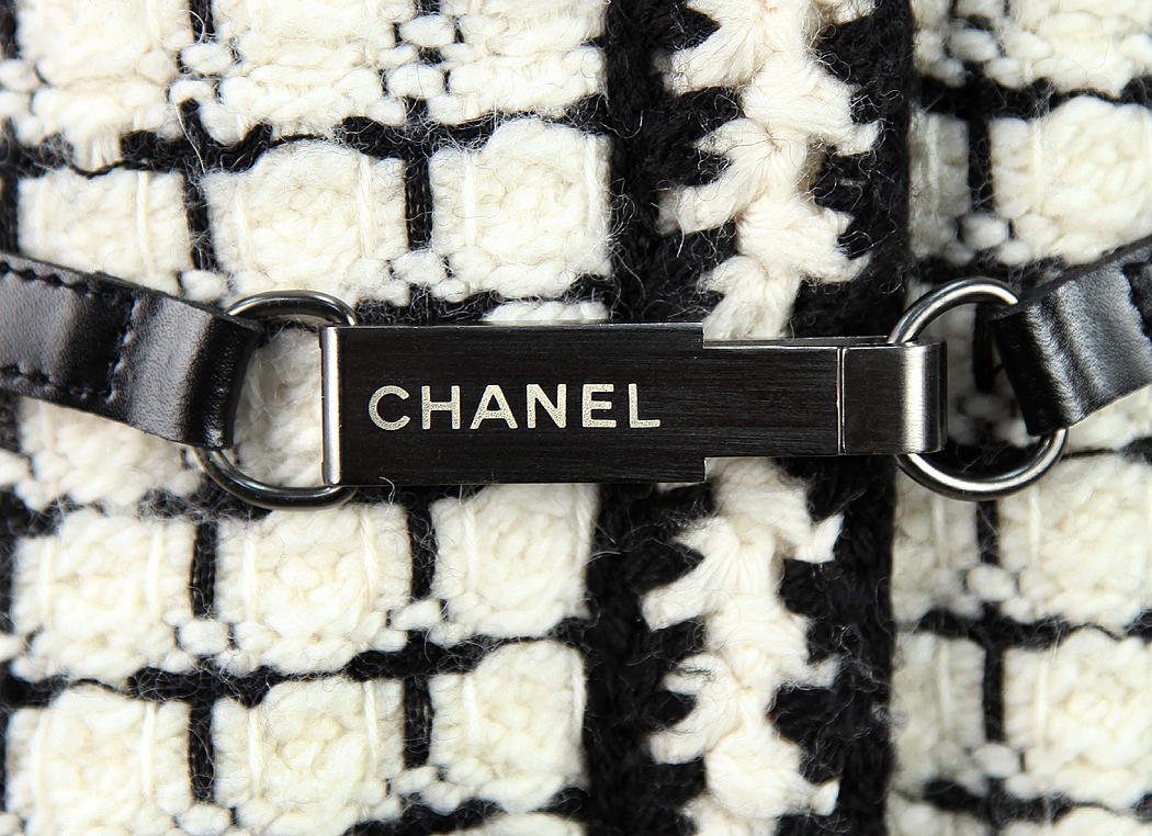 Chanel Creamy And Black Plaid Tweed Coat 