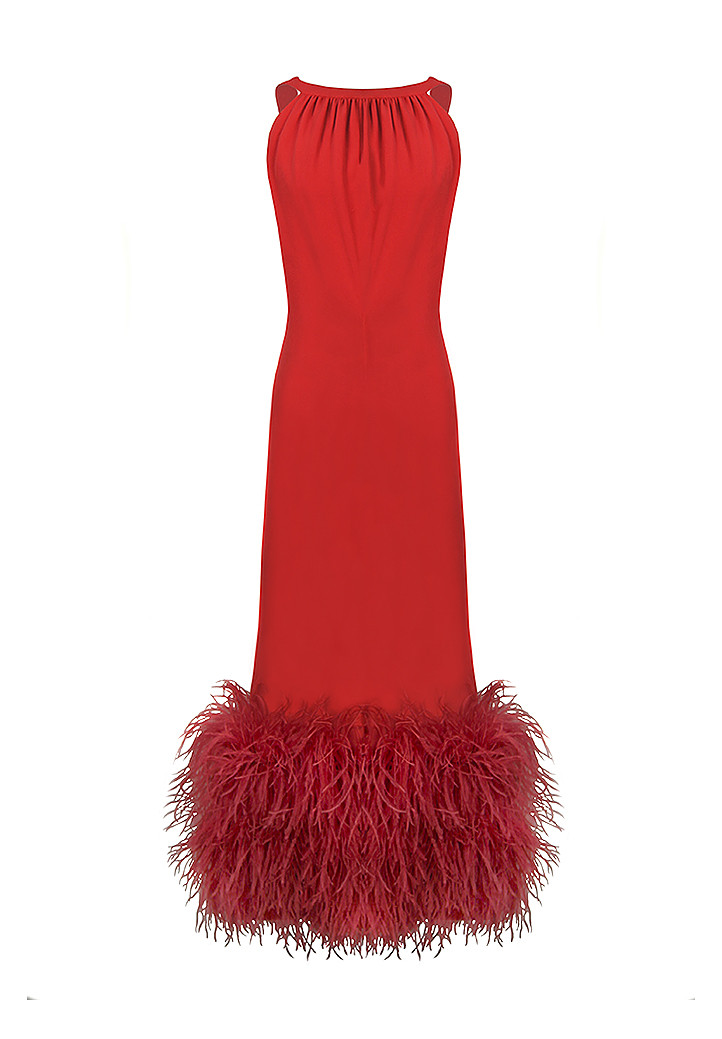 alexander mcqueen red feather dress 2003 Runway Alexander Mcqueen Irere Feather Print Dress