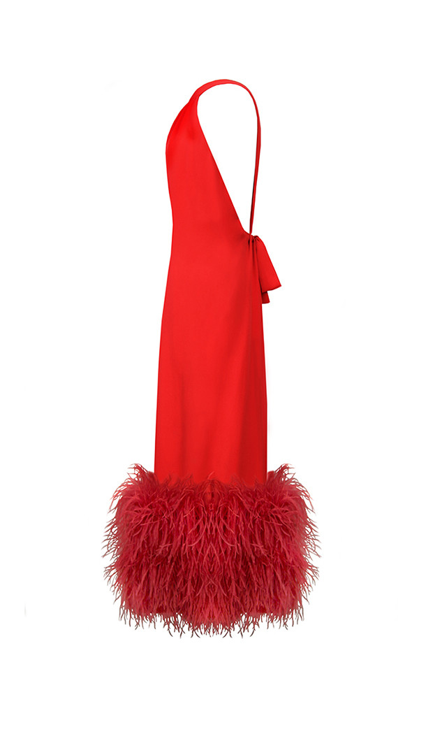 red ostrich feather dress OSTRICH FEATHER TRIM CAPE DRESS IN RED | CULT MIA