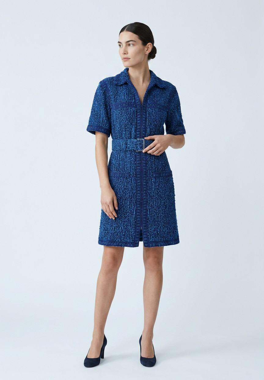 Chanel Blue Tweed Dress With Belt