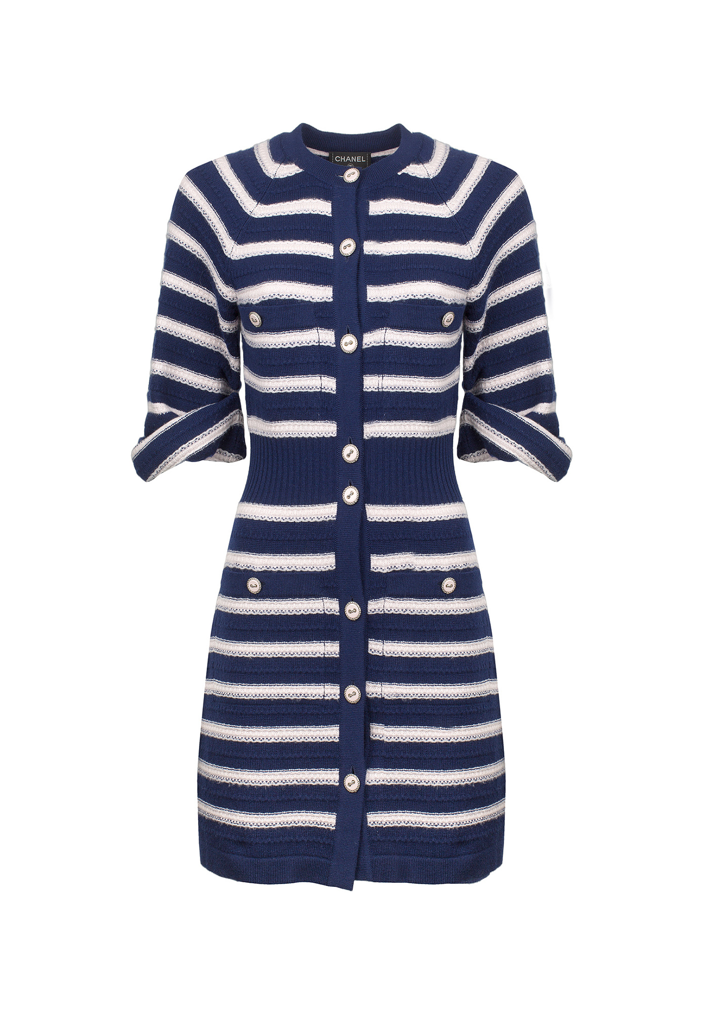 Chanel Navy Blue Striped Cashmere Dress