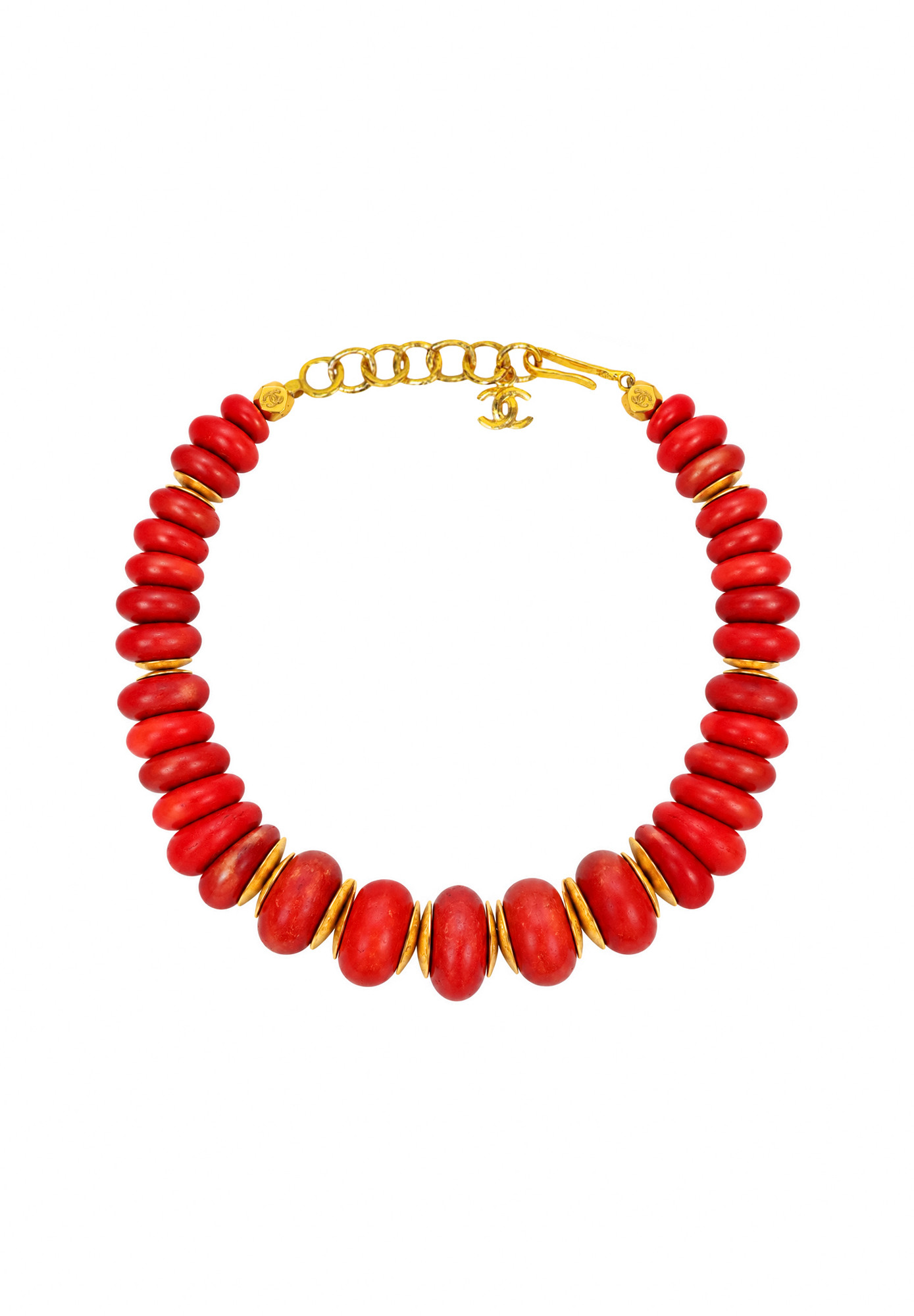 Chanel Red Necklace with Logo Pendant