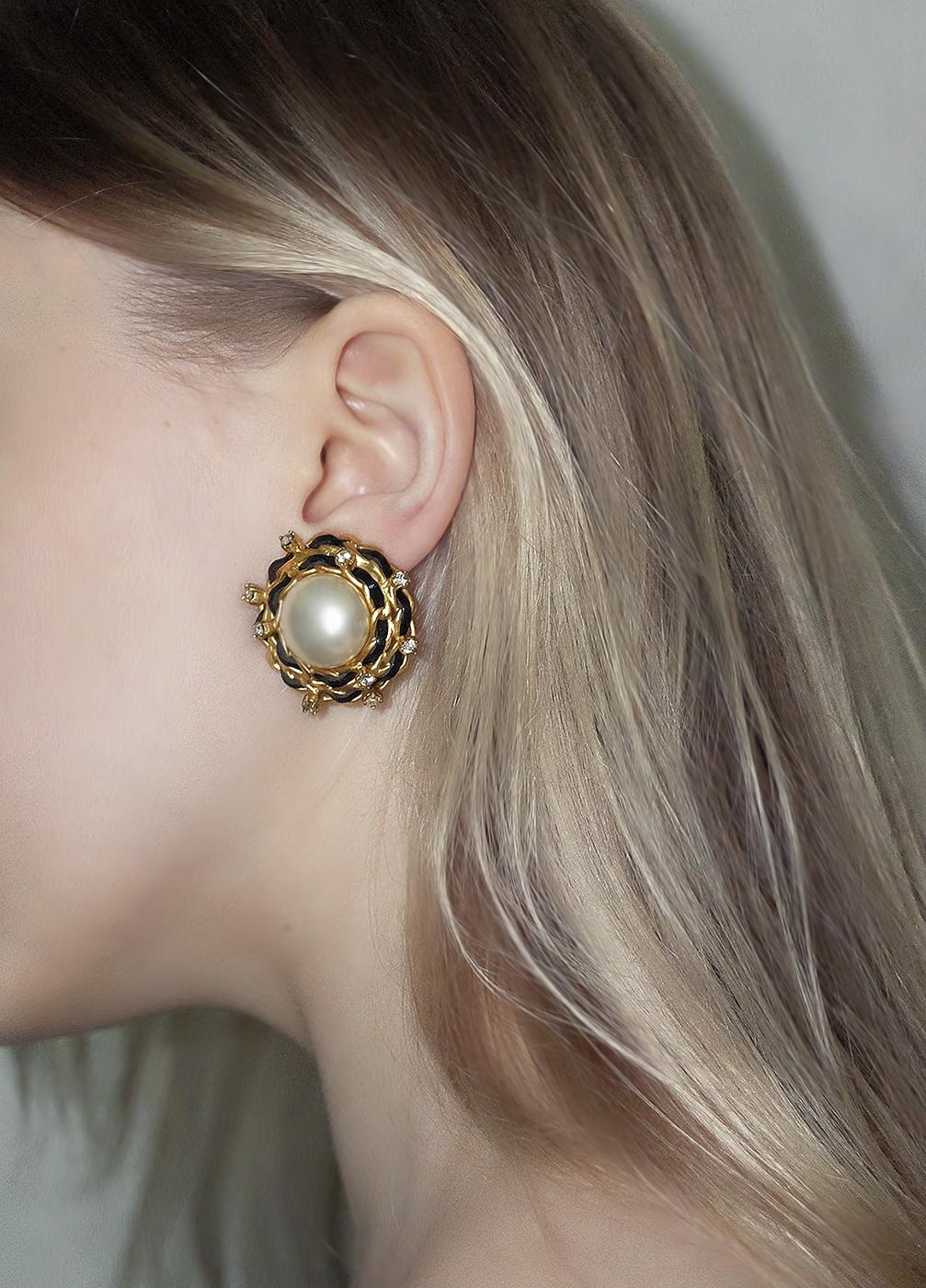 Chanel Pearl Leather Crystals Clip-On Earrings