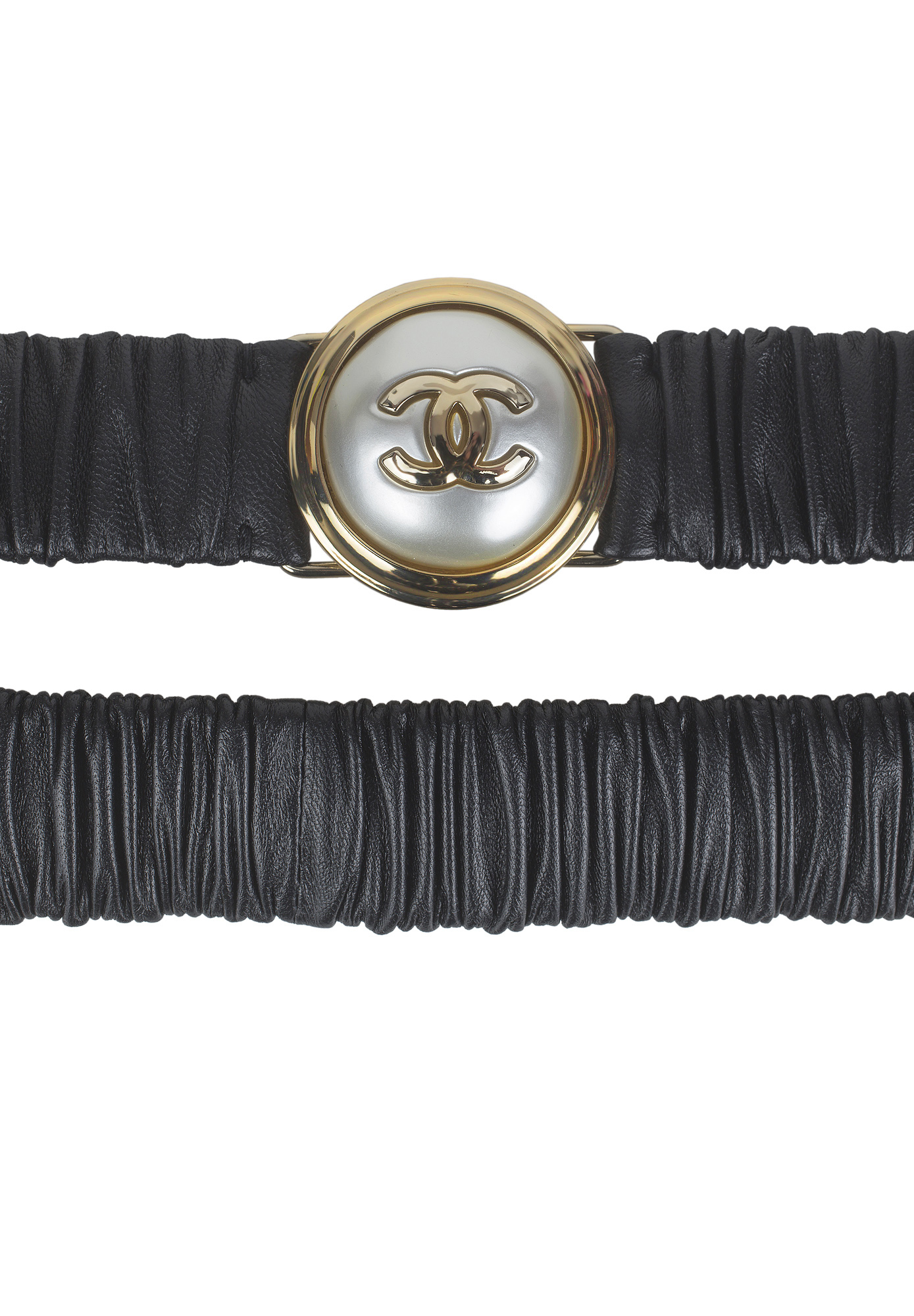 Chanel Black Leather Pearl Buckle Belt