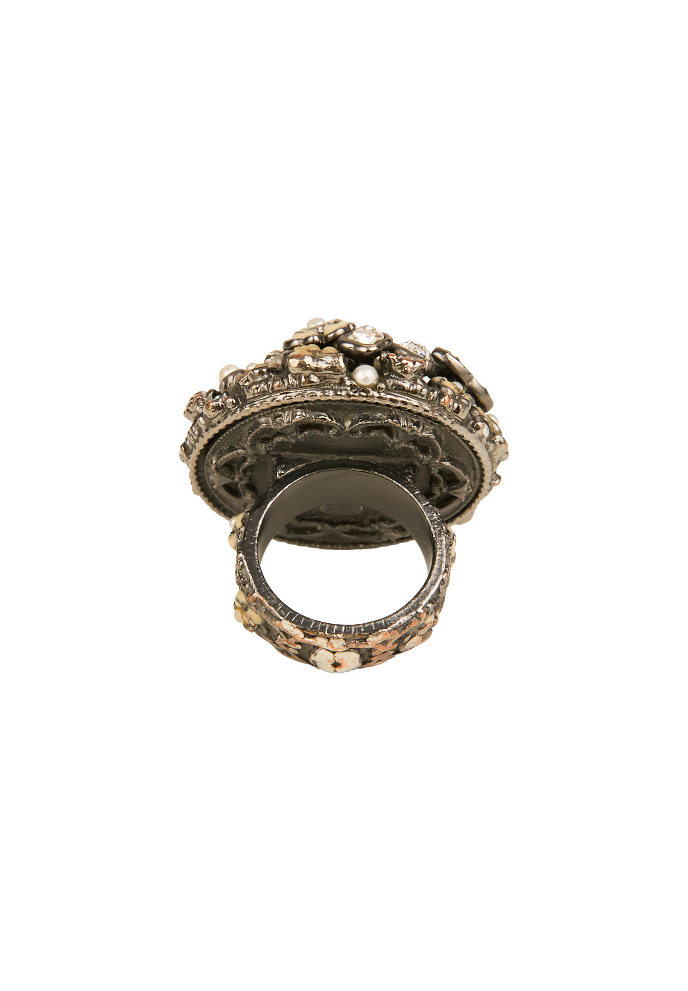 Chanel Silver-tone Ring With Flowers And Pearls