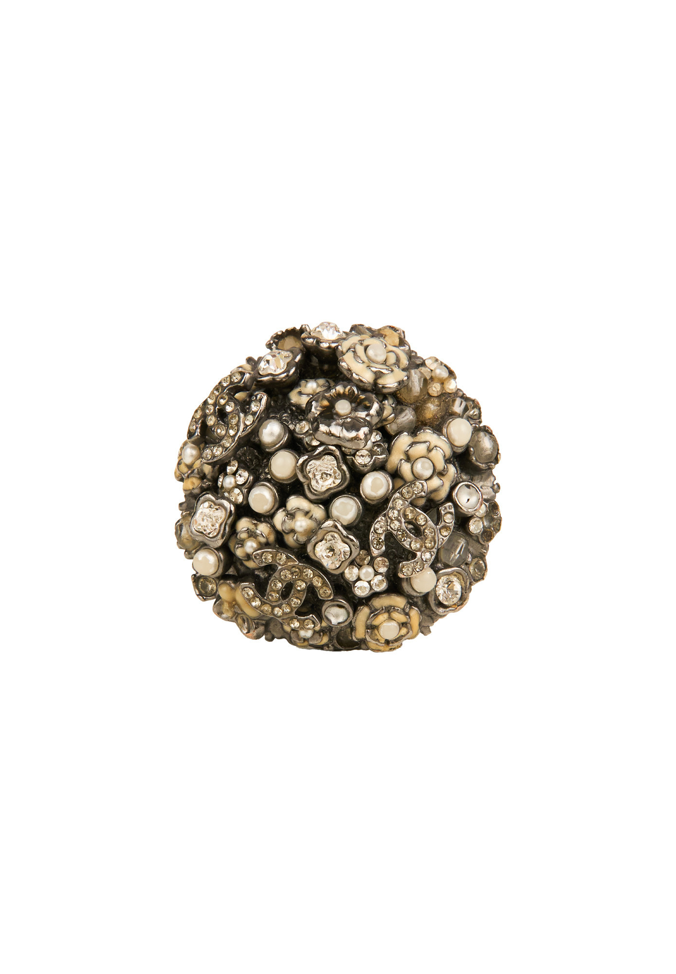Chanel Silver-tone Ring With Flowers And Pearls