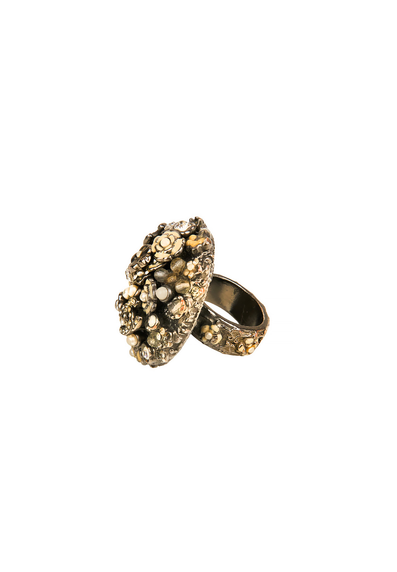 Chanel Silver-tone Ring With Flowers And Pearls