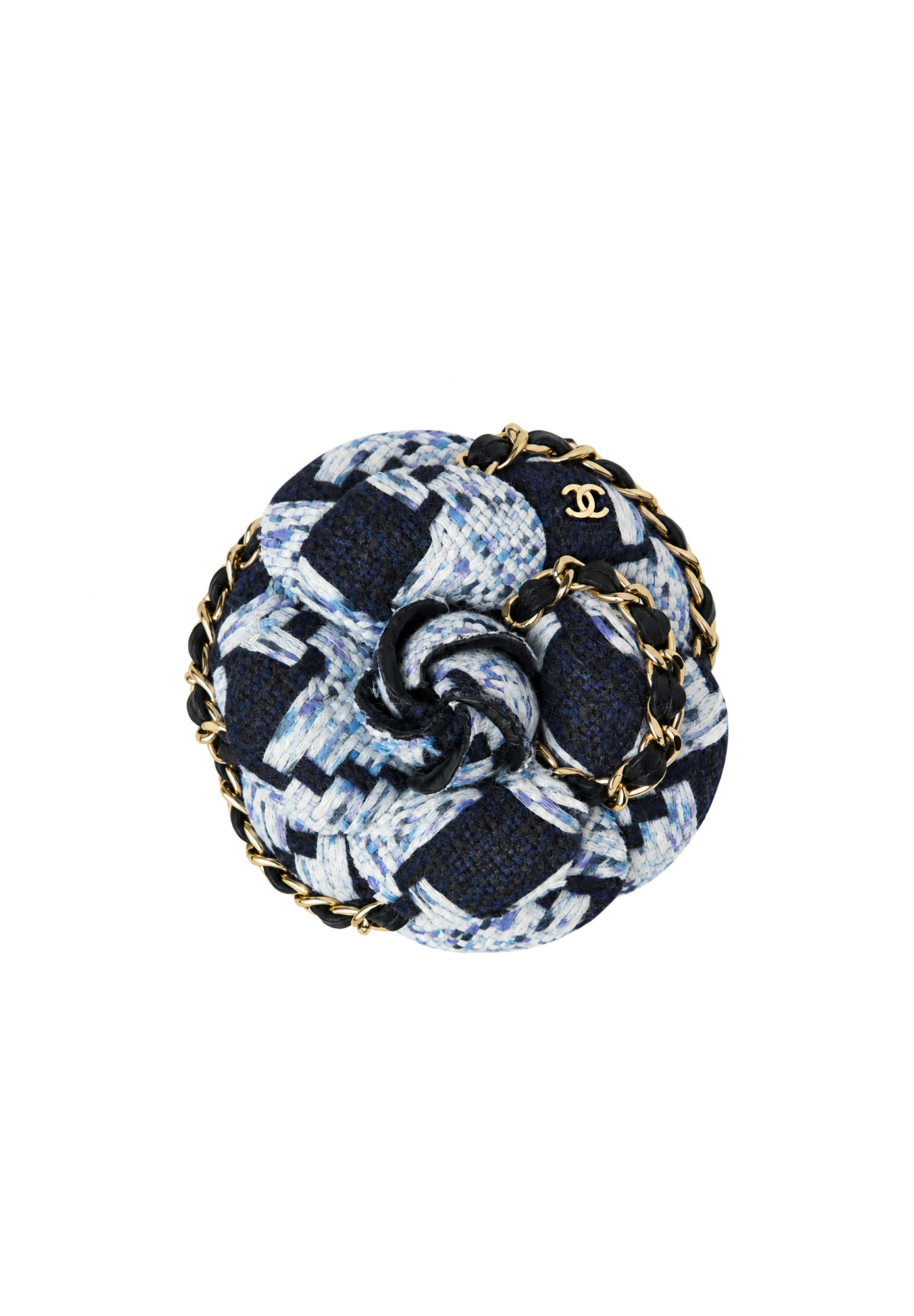 Chanel Tweed Camellia Brooch with Chain