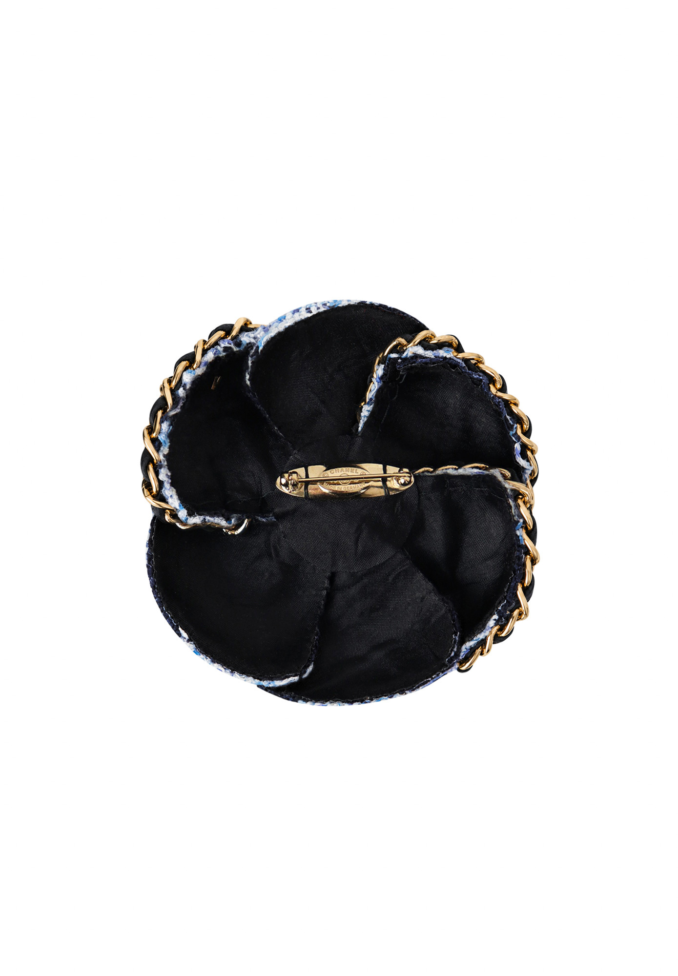Chanel Tweed Camellia Brooch with Chain