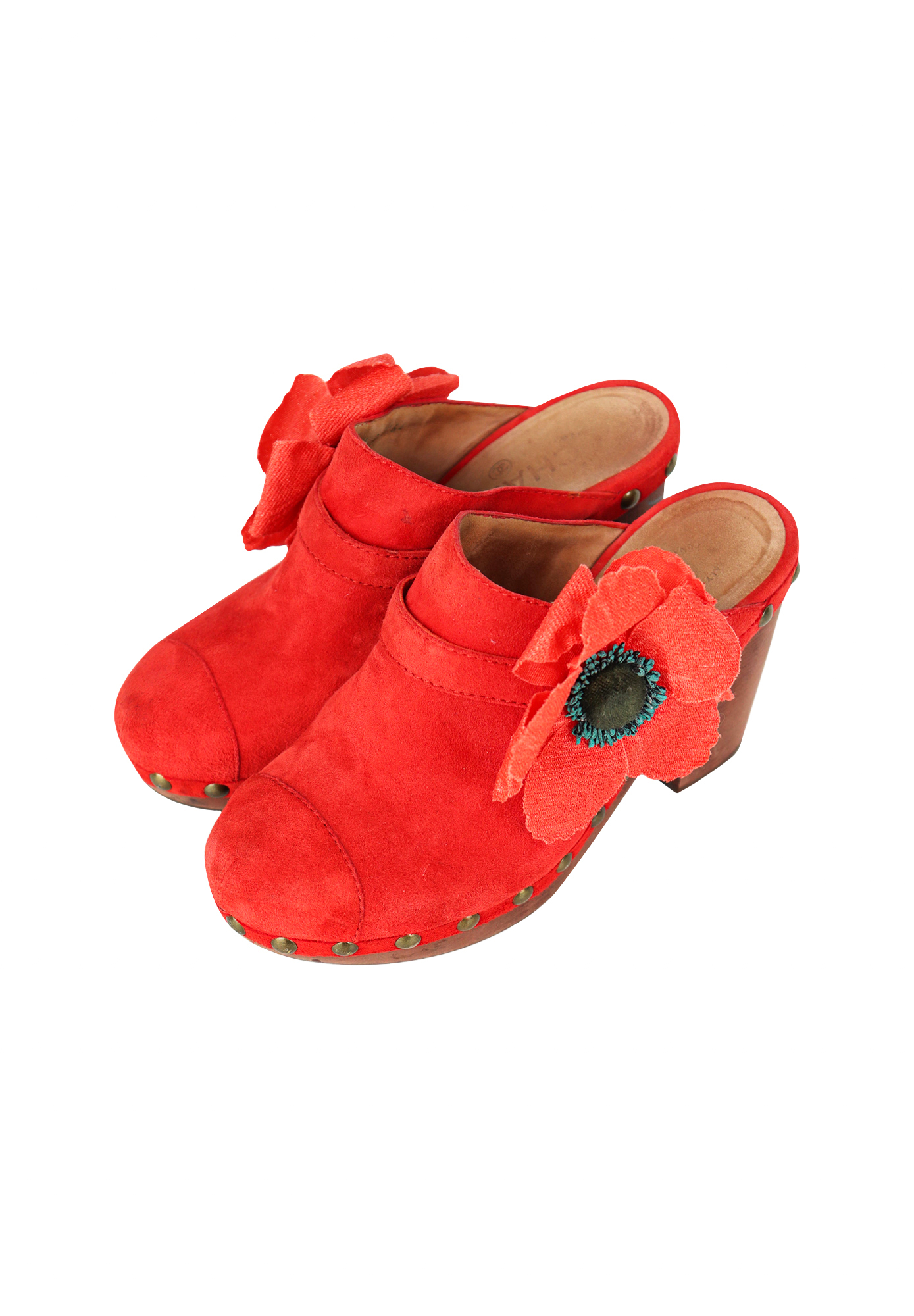 Chanel Red Suede Sabots With A Flower