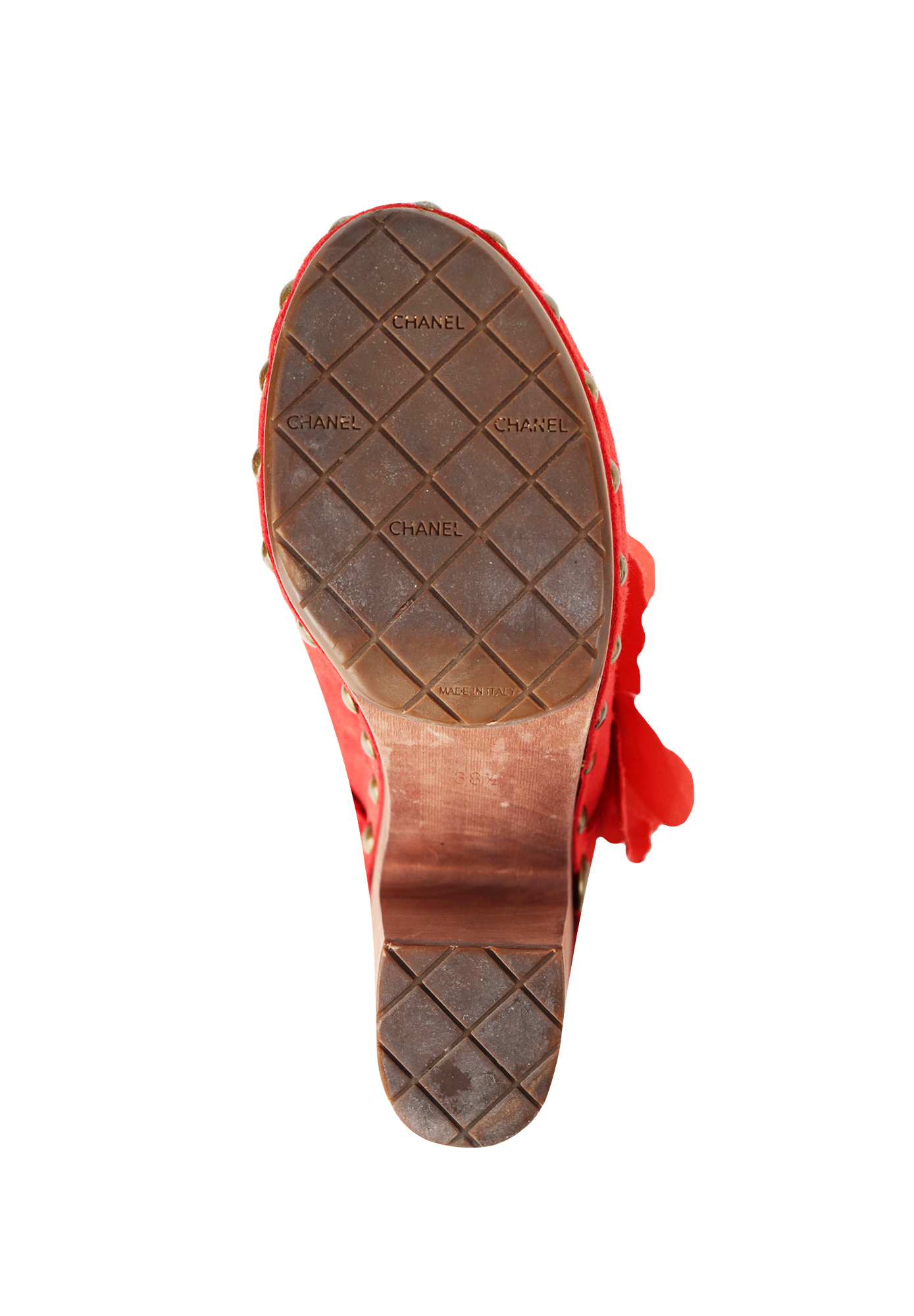 Chanel Red Suede Sabots With A Flower