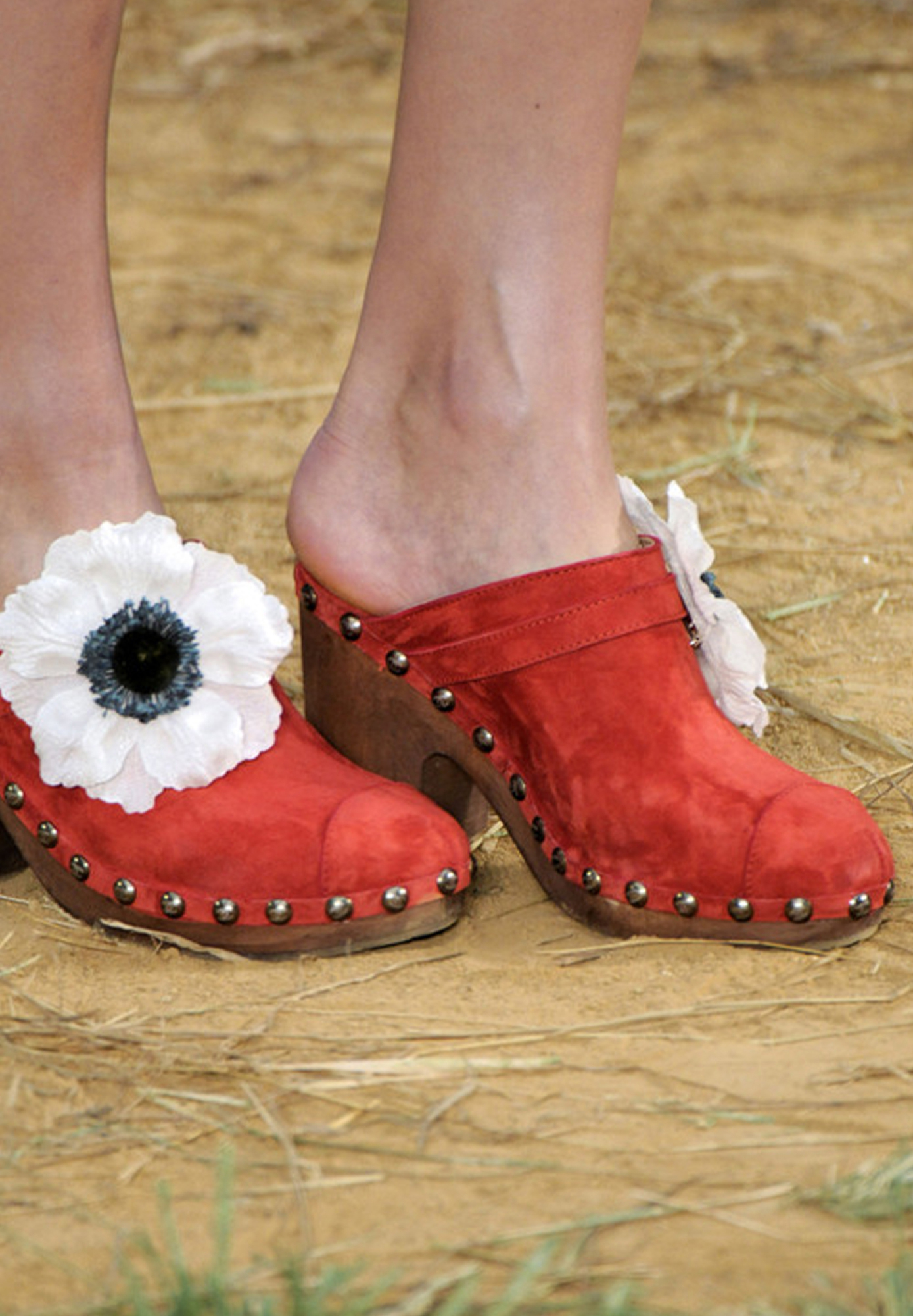 Chanel Red Suede Sabots With A Flower