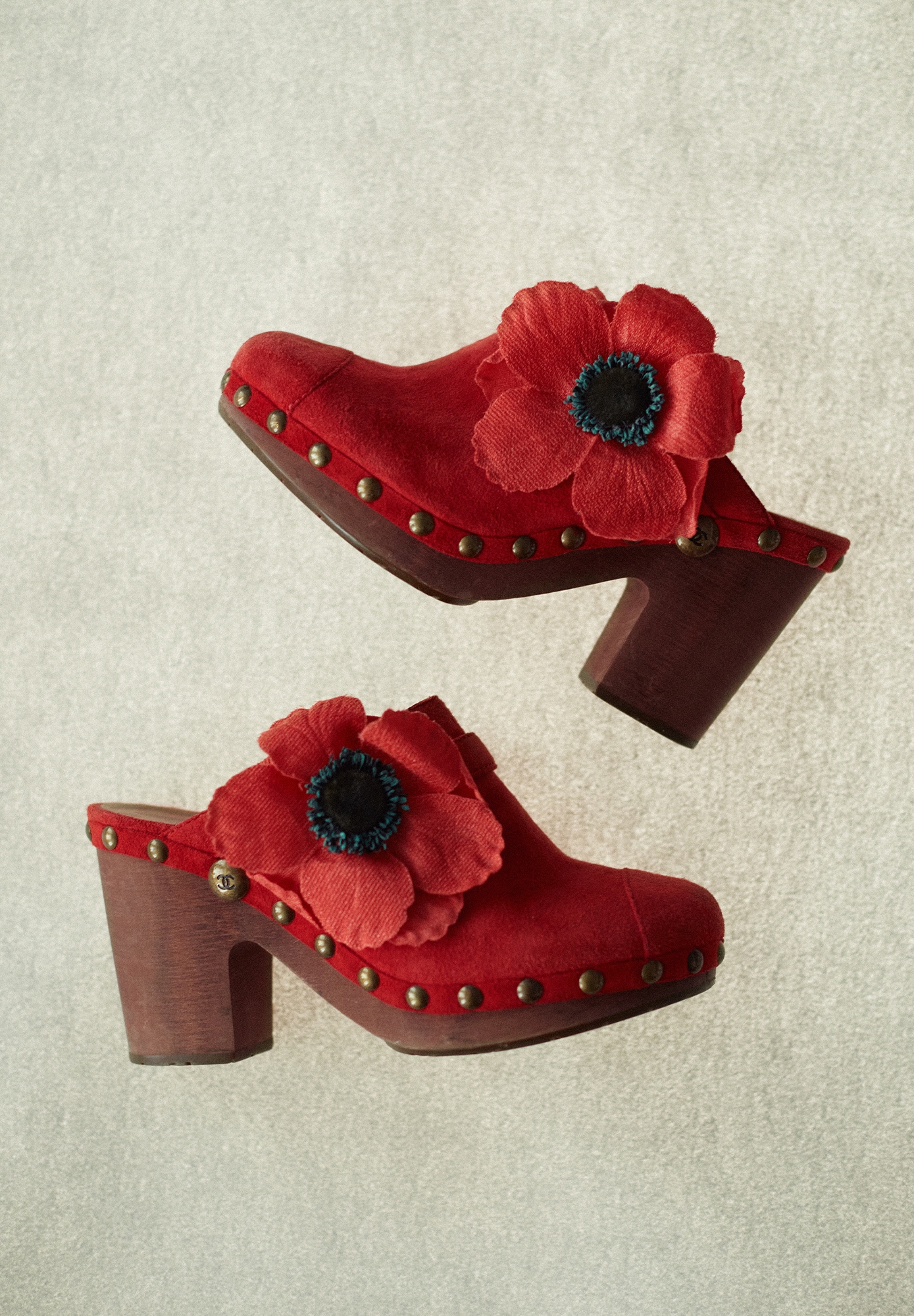 Chanel Red Suede Sabots With A Flower