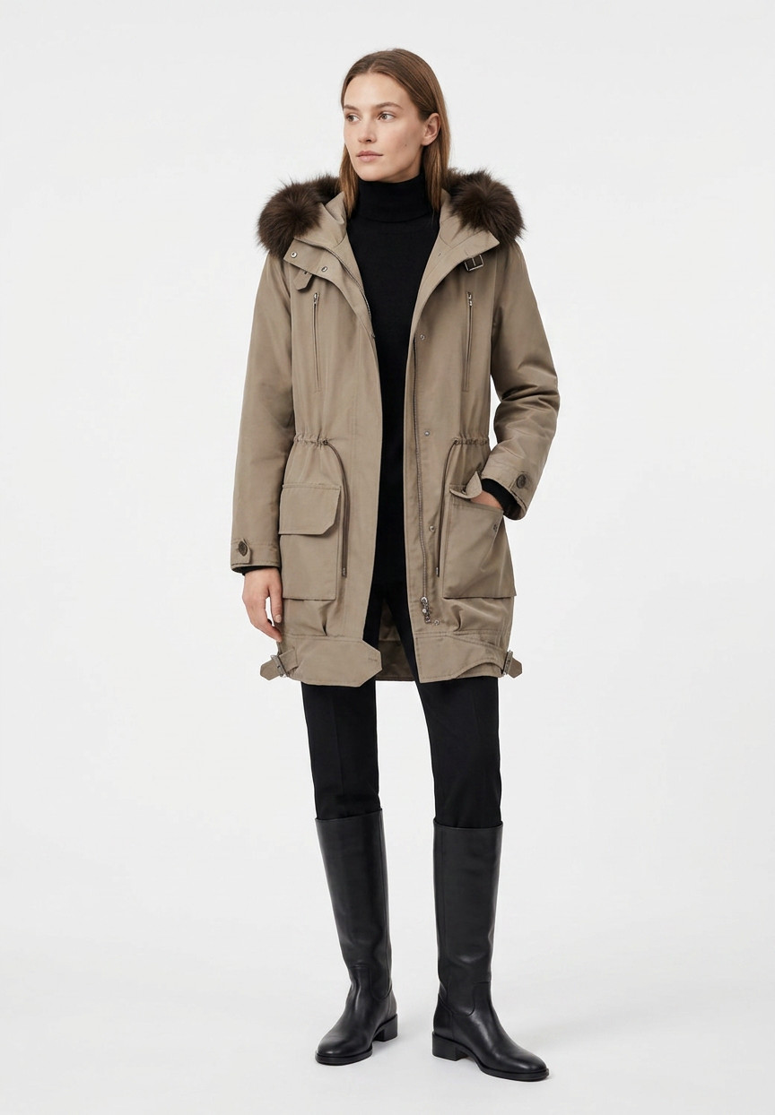 Beige Christian Dior Fur Trim Parka