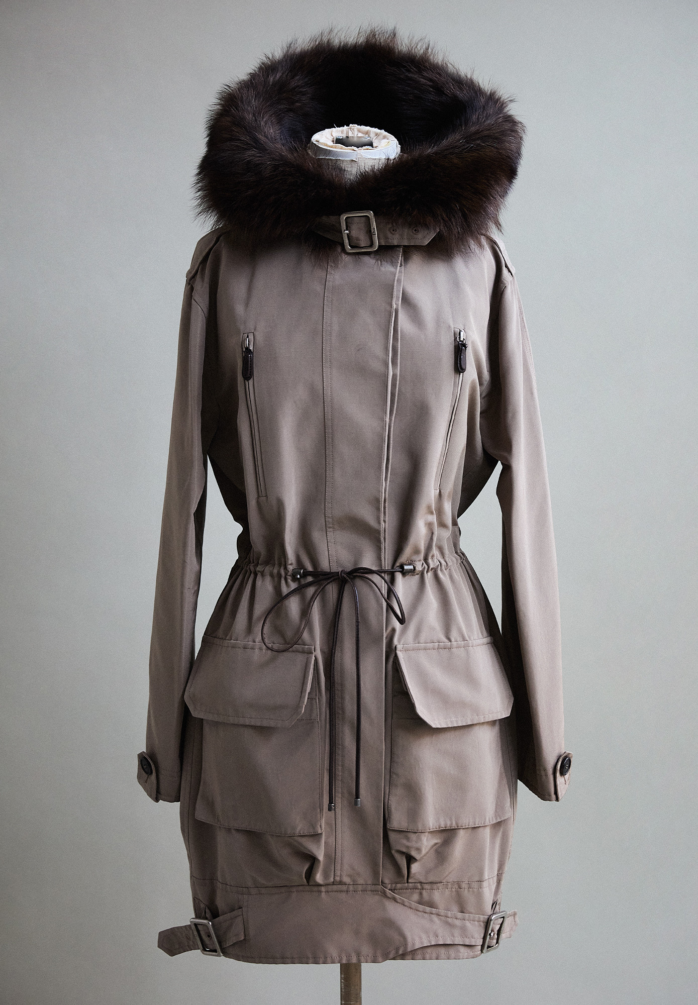 Beige Christian Dior Fur Trim Parka