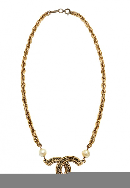 Chanel Logo Charms And Pearls Necklace