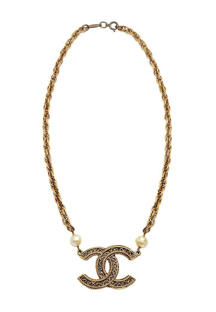 Chanel Logo Charms And Pearls Necklace