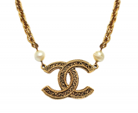 Chanel Logo Charms And Pearls Necklace