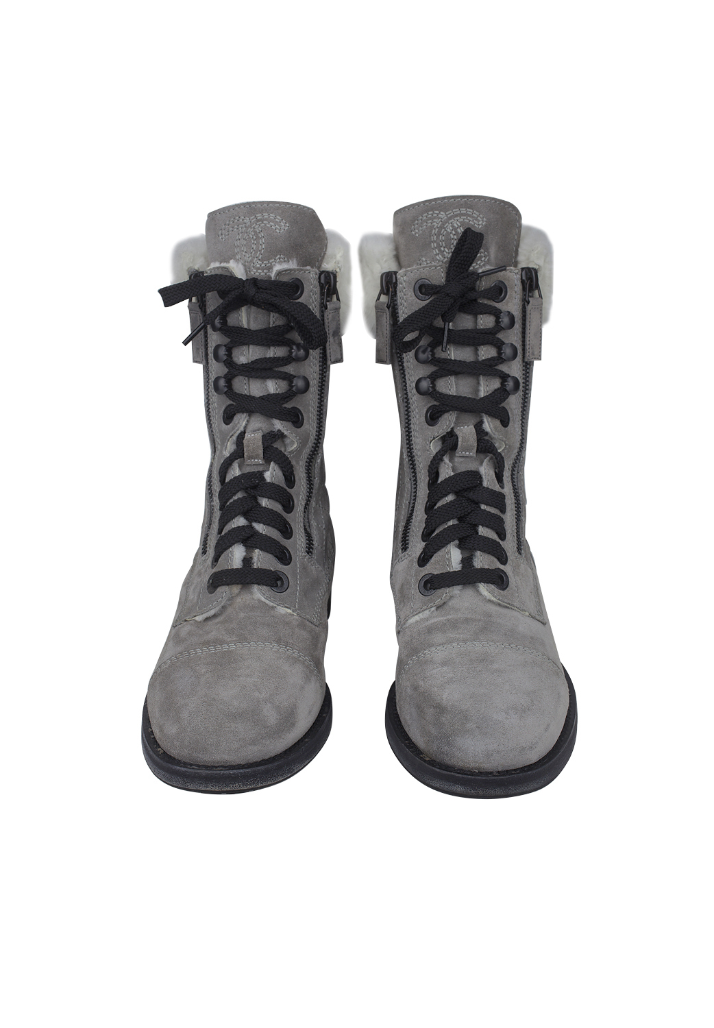 Chanel Grey Quilted Suede Combat Boots