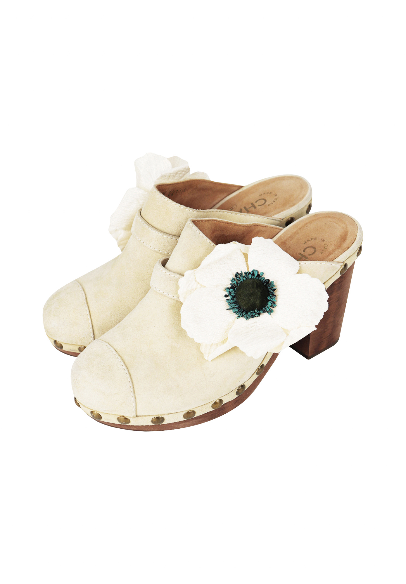 Chanel Ivory Suede Sabots With A Flower