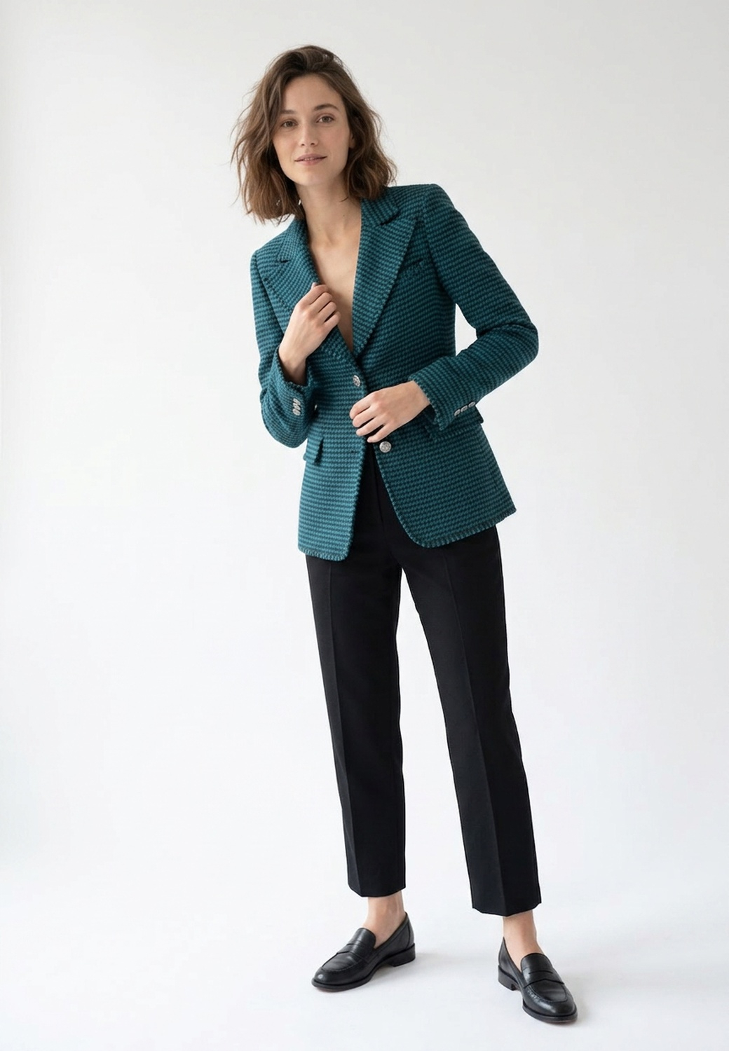 Chanel Petrol Blue Jacket in a houndstooth pattern