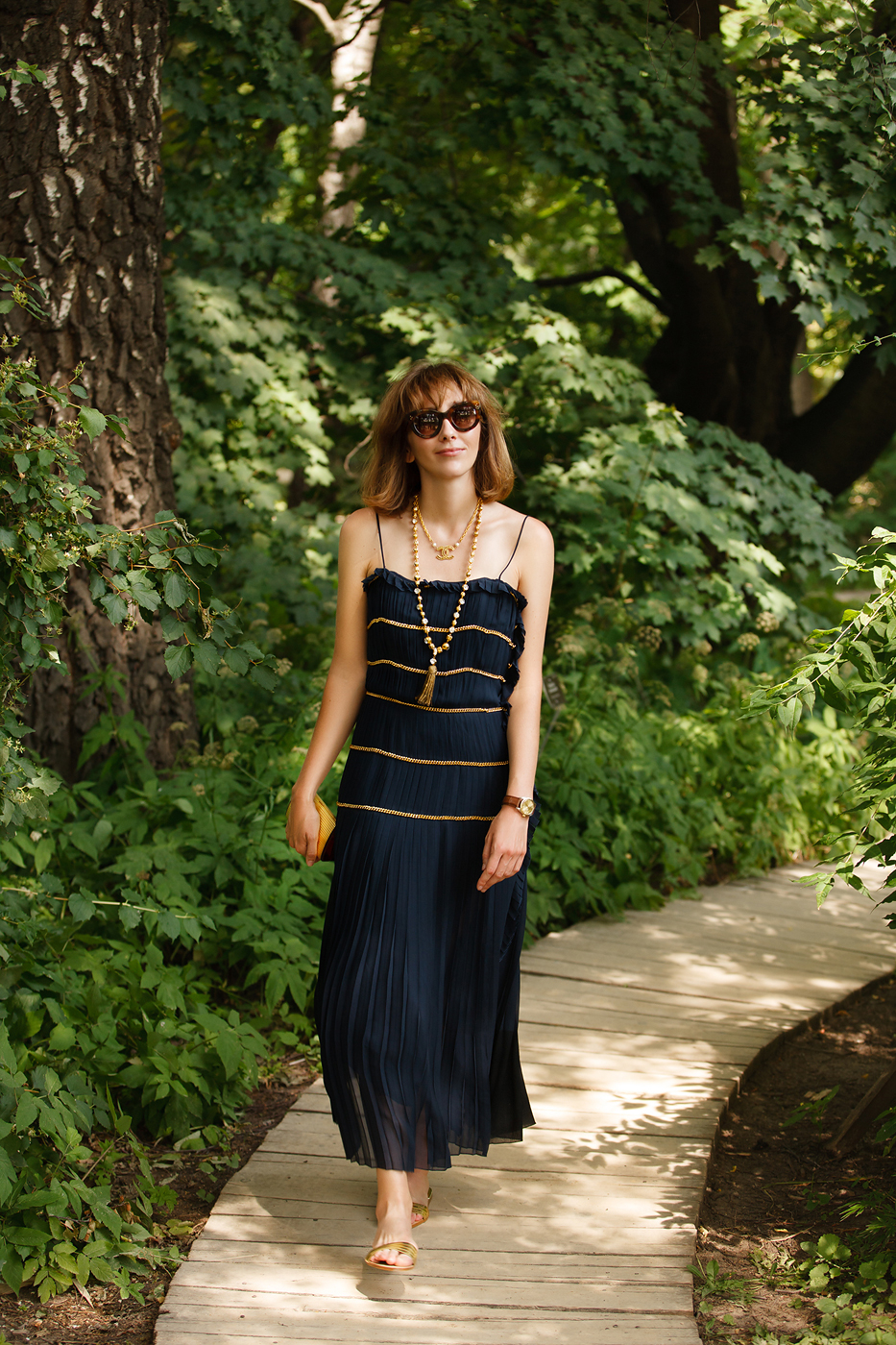 Chanel Dark Blue Silk Dress With Chains