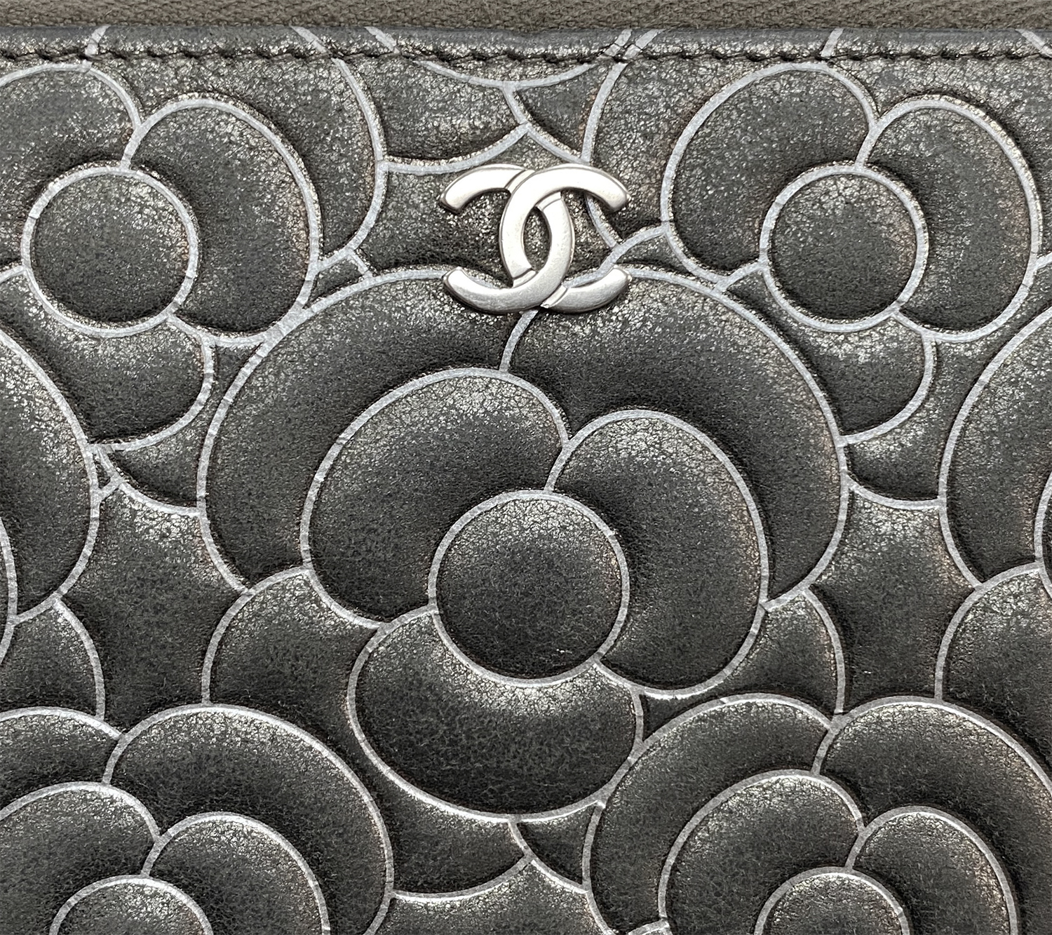 Chanel Grey Embossed Camellia Zip Wallet