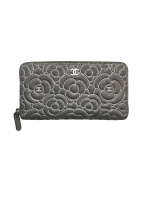 Chanel Grey Embossed Camellia Zip Wallet