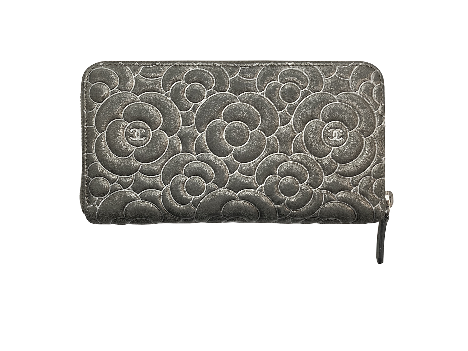Chanel Grey Embossed Camellia Zip Wallet