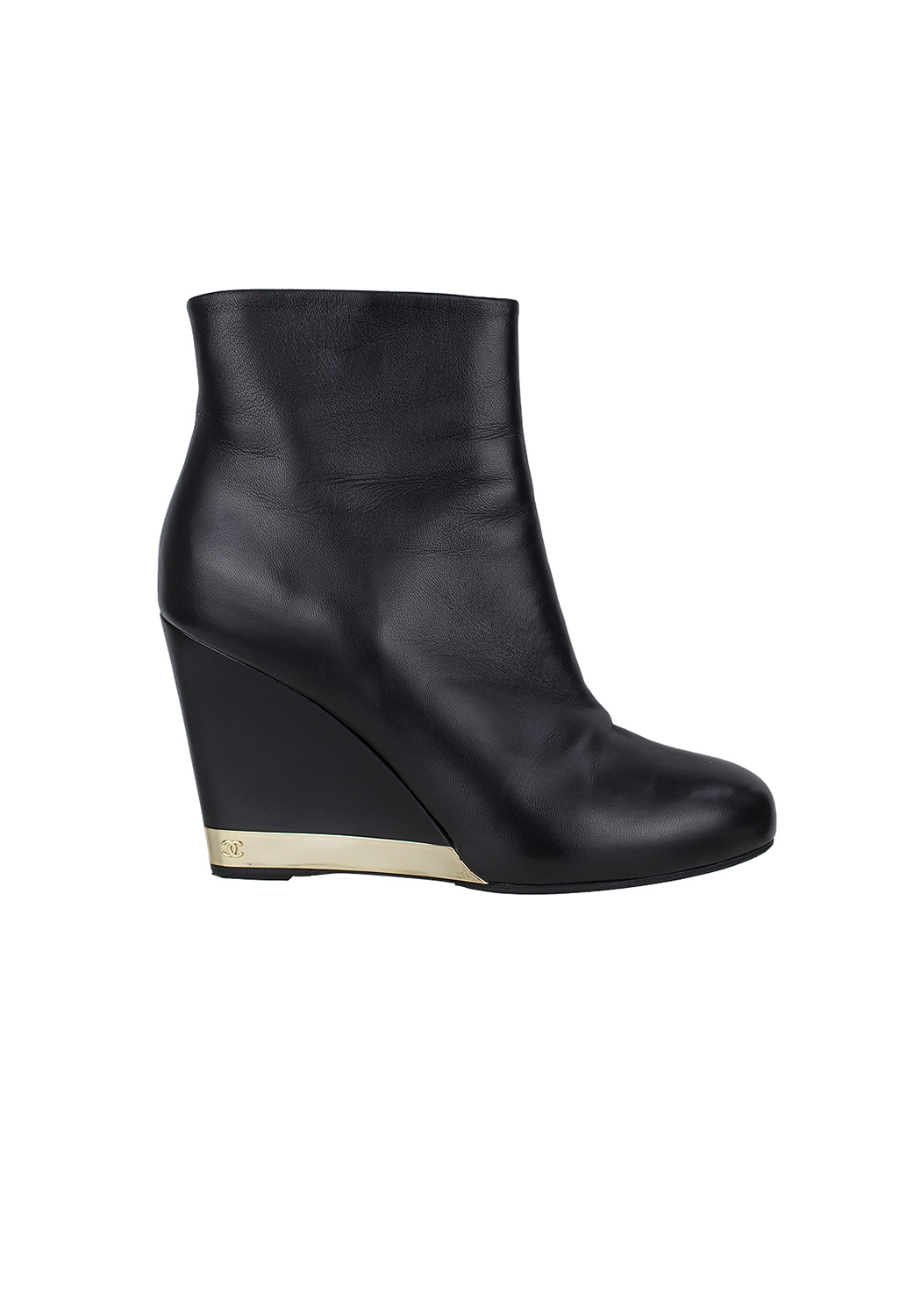 Chanel Black Lambskin Leather Wedge Ankle Boots