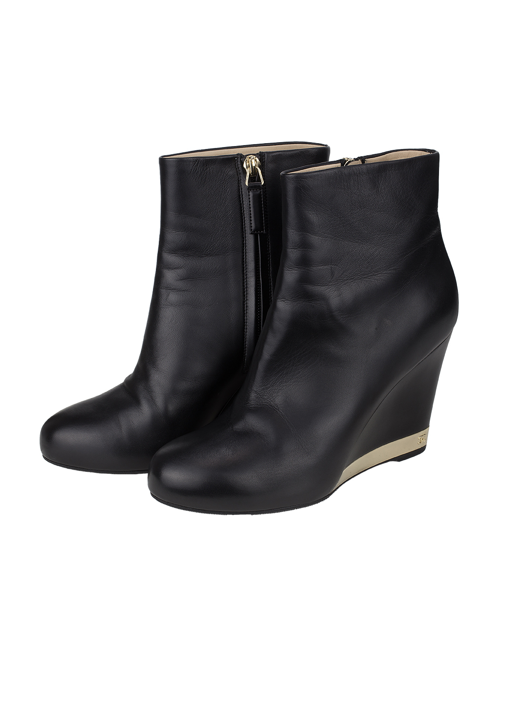 Chanel Black Lambskin Leather Wedge Ankle Boots
