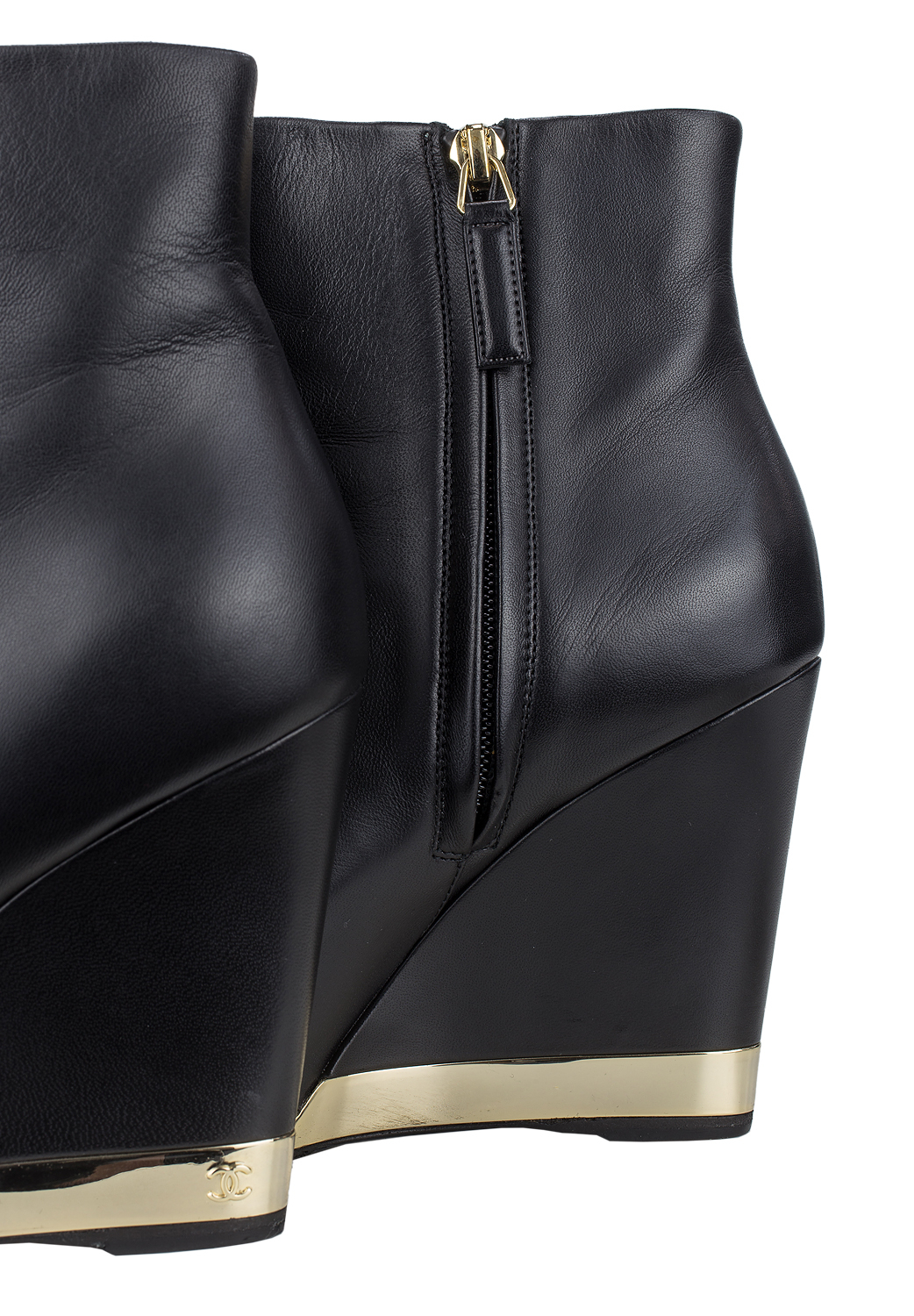 Chanel Black Lambskin Leather Wedge Ankle Boots