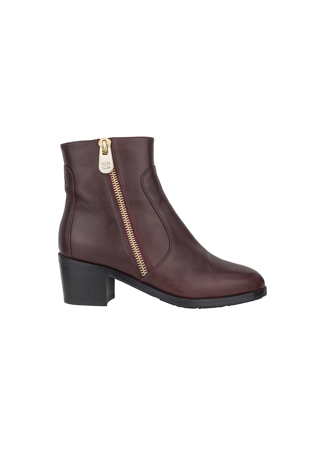 Chanel Burgundy Calfskin Double Zip Short Boots